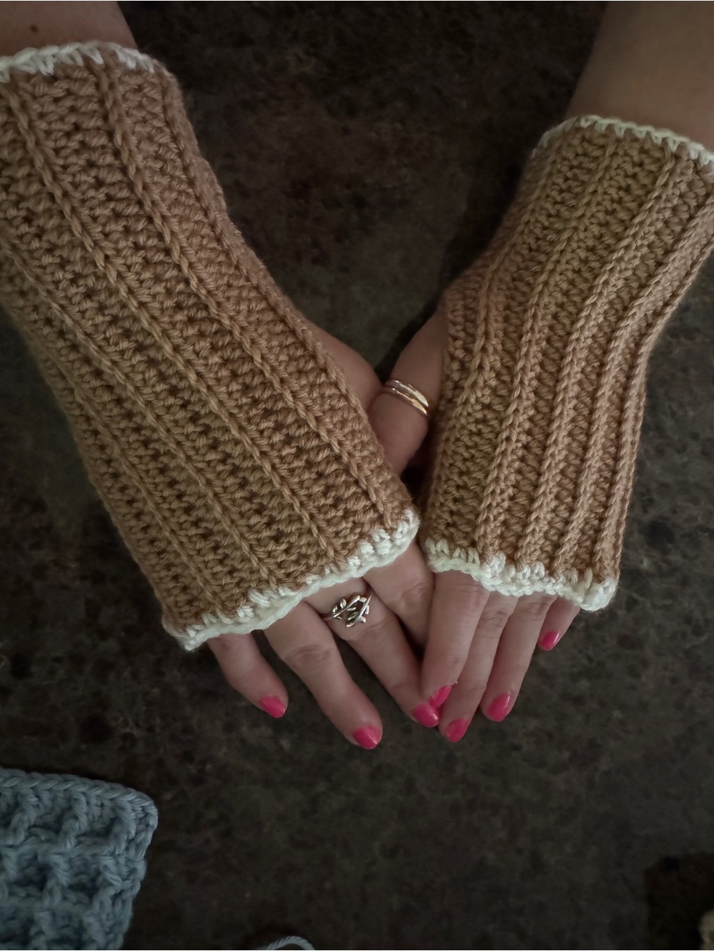 Handmade Crochet Tan Knit Fingerless Gloves with Cream Trim